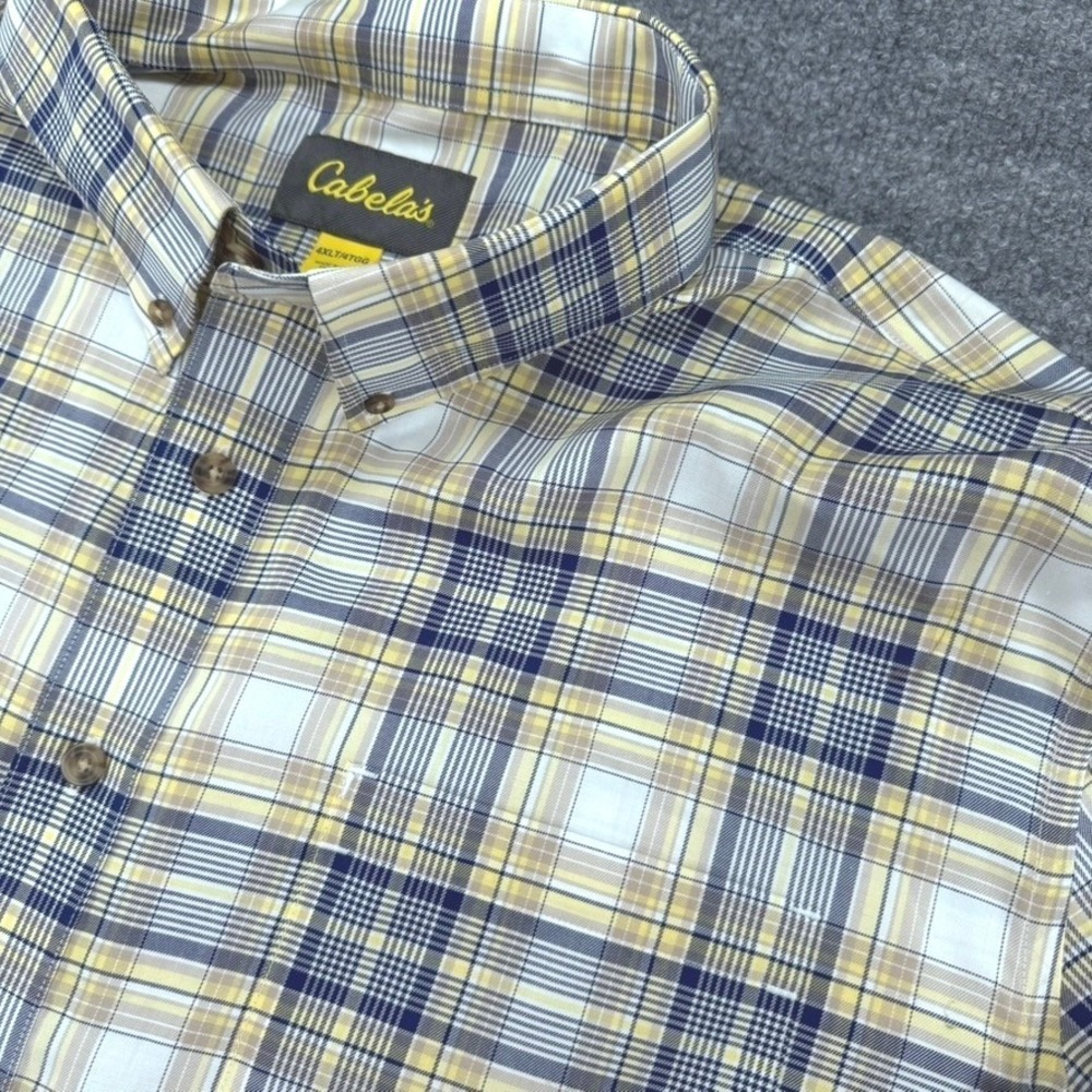 Cabelas Button Down Shirt 4XLT Plaid Outdoor L/S Cotton Tall Yellow Blue White